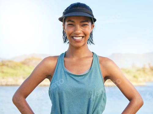 Preview: Lake, sport and fitness portrait of woman ready for outdoor activity in the sunshine with smile. He