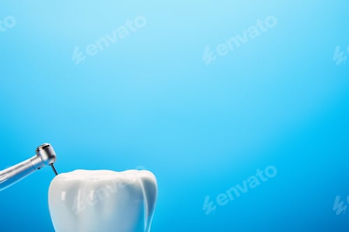 Preview: close up view of dental drill and white tooth model on blue background, dentistry concept