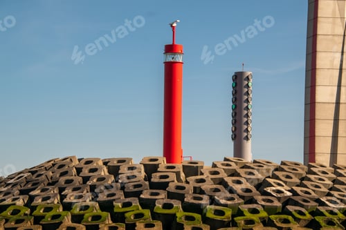 Preview: Beautiful view of a red solar tower, Port of Ostend, Belgium