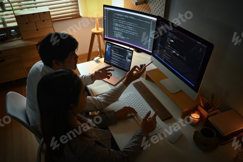 Preview: Above view of young programmers developing artificial intelligence projects at dark room