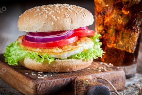 Preview: Closeup of homamde burger with fried egg