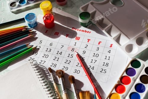 Preview: Calendar for December 2021. The creative layout of the objects for drawing.
