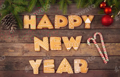 Preview: Happy New Year Decoration with Gingerbread and Ornaments