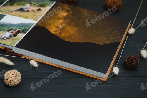 Preview: premium photo book, large size, natural wood cover, quality binding. Family photobook