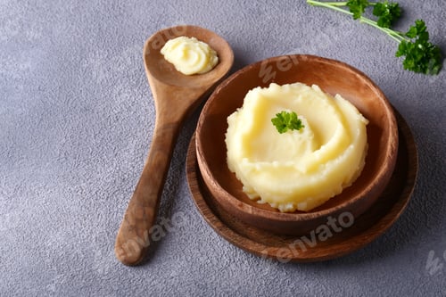 Preview: mashed potatoes in a wooden bowl on the table, healthy food