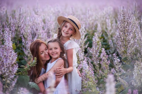 Preview: Young mother embraces two daughters among purple blooming sage field. Girls hug together, laugh