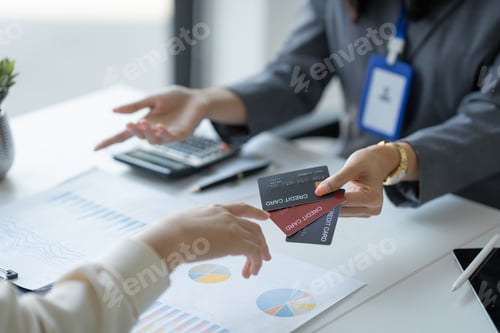 Preview: Young businesswoman, company employee presenting a form of credit limit, benefits, how to use the ca