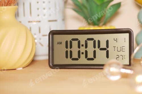 Preview: A digital clock shows 10:04 AM on a Tuesday in a warm room