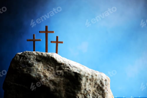 Preview: Three crosses against blue sky on Calvary hill background. Crucifixion, resurrection of Jesus Christ