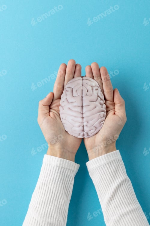 Preview: Vertical composition of hands holding brain on blue background with copy space
