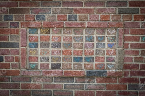 Visualização: Corações desenhados com giz colorido em uma parede de tijolos vermelhos