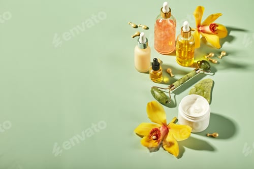 Preview: Cosmetic care products in glass bottles with orchid flowers - serums, cream, gel, oils. Concept for