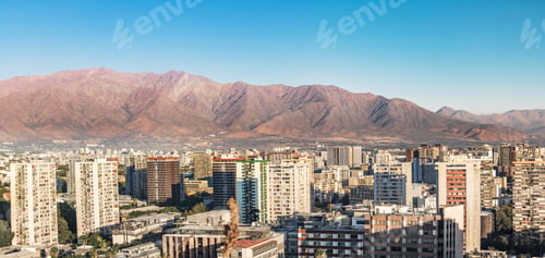Preview: Panoramic aerial view of downtown Santiago with Andes mountains on background - Santiago, Chile