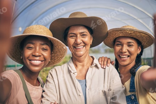 Preview: Greenhouse, smile and selfie of group of women in farming, sustainable small business and agricultu