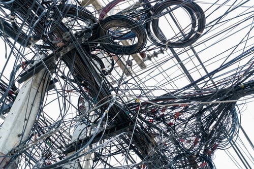 Preview: Tangled electrical wires on urban electric pole. Disorganized and messy to organization management