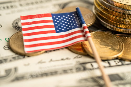 Preview: Stack of coins money with USA America flag, finance banking concept.