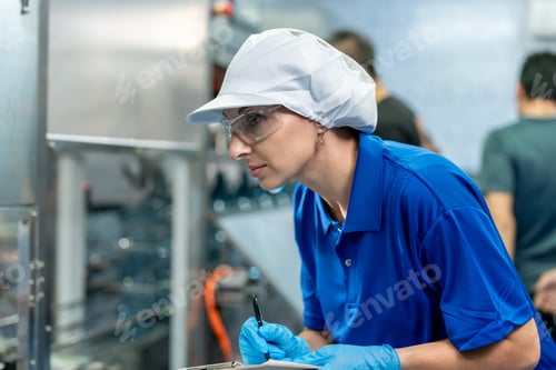 Preview: Caucasian female industry worker working alone in factory warehouse.