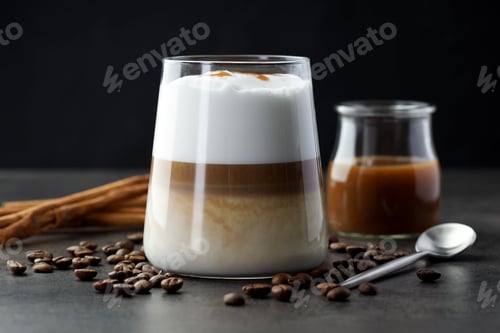 Preview: Tasty latte macchiato in glass, coffee beans and cinnamon on grey table, closeup