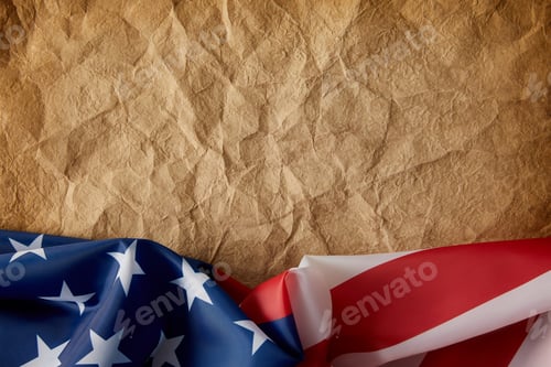 Preview: top view of old crumpled paper and united states flag