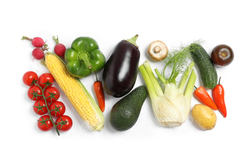 Preview: Many different fresh vegetables on white background, top view