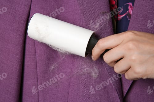 Preview: Woman removing hair from purple jacket with lint roller, closeup