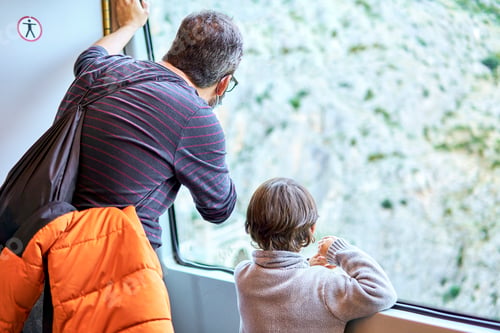 Preview: father and son travelling in a train looking out the window