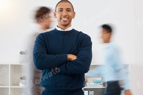 Preview: Happy businessman portrait, motion blur and busy office in corporate accounting audit company. Port
