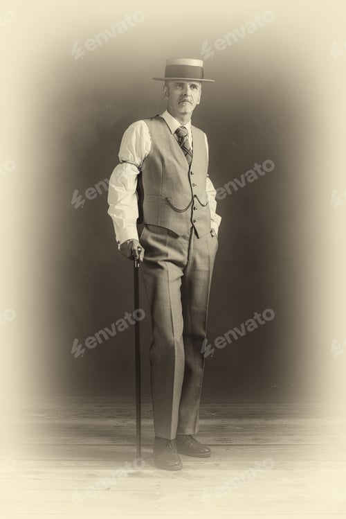 Preview: Antique Plate Photo Of 1920S Dandy In Suit Standing With Cane.