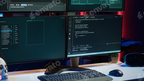 Preview: Close up shot of dangerous hacking code running on computer system monitors