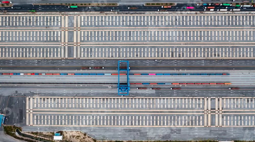 Preview: Aerial view of shipping container rail terminal, Train wagon cargo container for shipping.