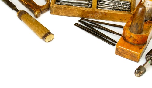 Preview: Vintage working tools (box with drills and others) on white background.