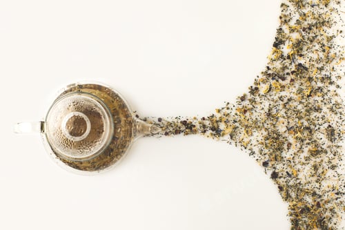 Preview: top view of fresh herbal tea in glass teapot and dry organic herbs on white
