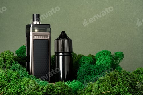 Preview: Vape smoking liquid bottles on moss background