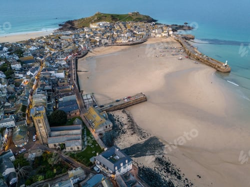 Preview: Aerial view of St Ives, Cornwall against the sea