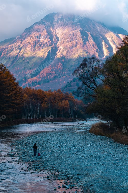 Preview: Nature mountain landscape panorama view with snow, travel in Japan forest peak scenic in winter