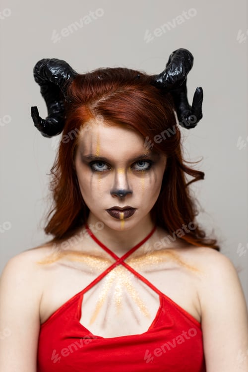 Preview: Beautiful young woman with makeup zodiac signs of Capricorn or Aries or Taurus. Girl with horns