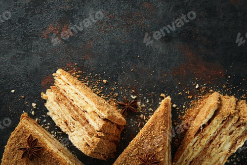 Preview: Concept of tasty dessert with honey cake, space for text
