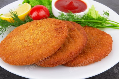 Preview: Fish pancakes on plate with ketchup, on dark surface
