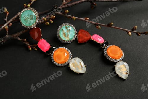 Preview: Branches with beautiful earrings on black background. Luxury jewelry