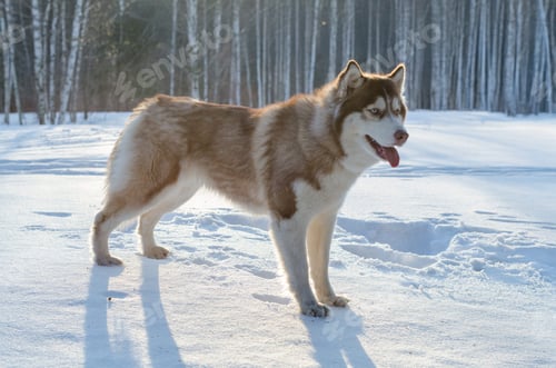Preview: Husky stands on snowy field in sunlit forest