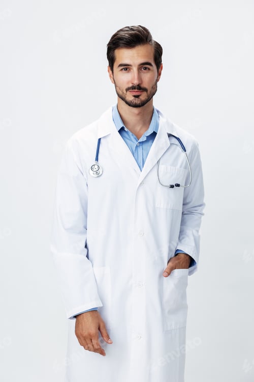 Preview: Man in Lab Coat with Stethoscope Posing