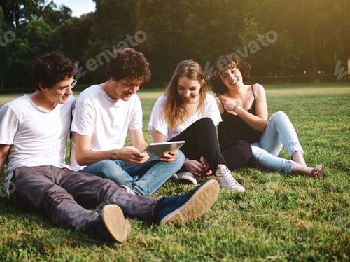 Preview: large group of students studying in a park with digital tablets