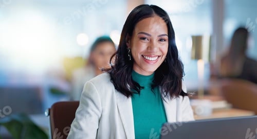 Preview: Face, business and woman with a laptop, finance and problem solving with connection, agency and bud