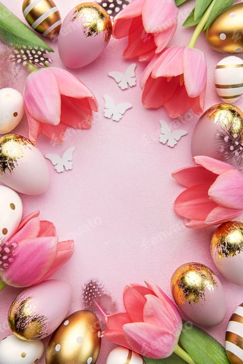 Preview: Pink tulips and Easter eggs background