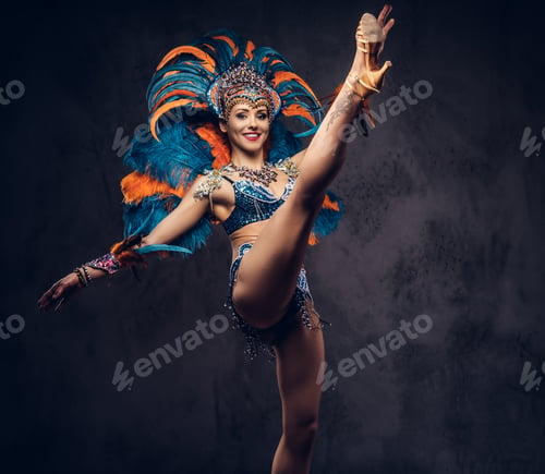 Preview: Portrait of a female in a colorful sumptuous carnival feather suit. Isolated on a dark background.
