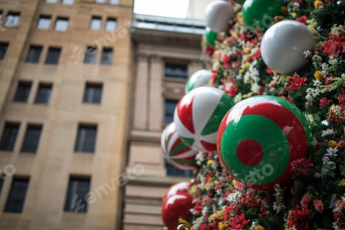 Preview: Festive Christmas Ornaments Decorating a Tree in the City