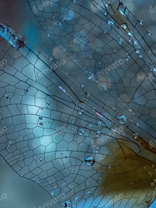 Preview: Natural background, texture. Dragonfly wing with water drops. Super macro.