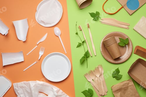 Preview: Paper and plastic tableware. Eco friendly concept, zero waste