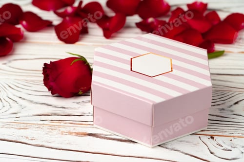 Preview: Valentines day gift and rose on wooden table