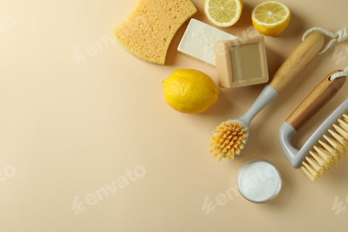 Preview: Cleaning concept with eco friendly cleaning tools and lemons on beige background